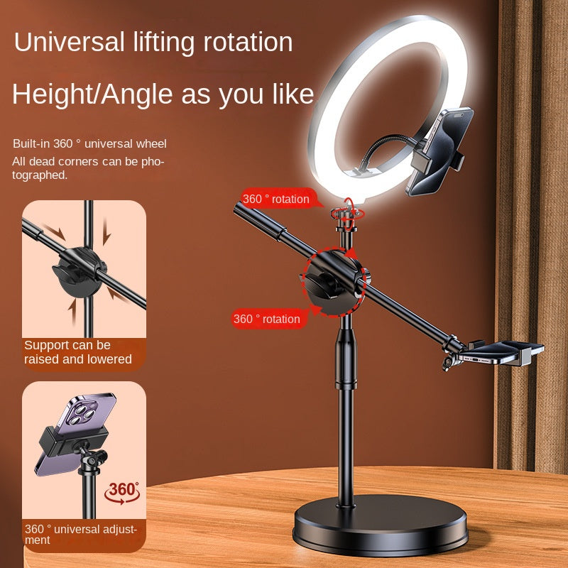 Mobile Phone Overhead Shooting Stand with Adjustable Dual-Camera Position & Fill Light, Desktop Holder for Food Photography, Drawing & Live Streaming