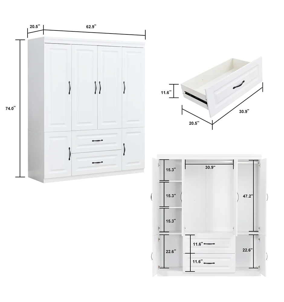 White Solid Wood Wardrobe 74"