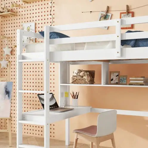 Twin Size Loft Bed With Desk And Shelves, Safety Guardrail And Ladder,White
